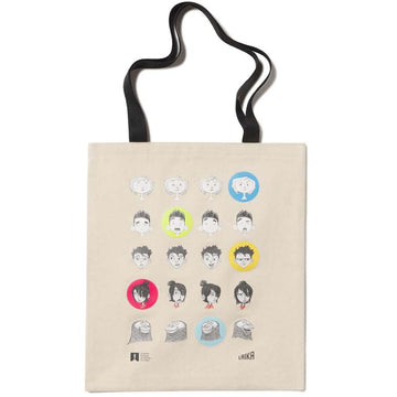 Beige tote bag with illustrated faces and icons the characted from Laika Animation Studio on a white background